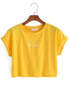 Romwe Letter Print Crop Yellow T-shirt