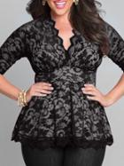 Romwe V Neck Scalloped Hem Lace Black Blouse