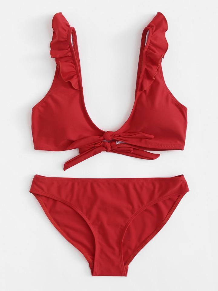 Romwe Knot Ruffle Bikini Set