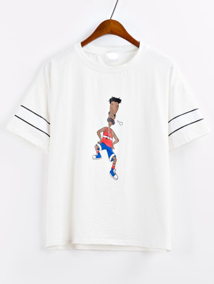 Romwe Cartoon Print Striped Trim White T-shirt