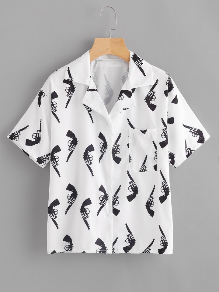 Romwe All Over Gun Print Revere Collar Shirt