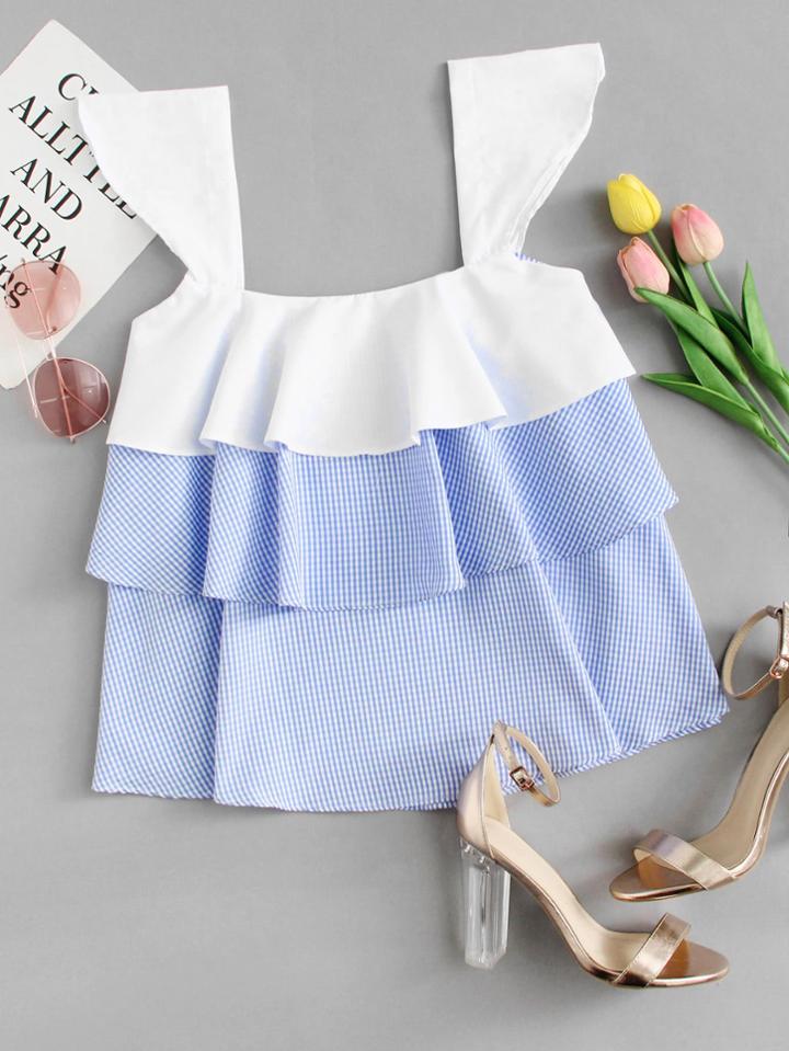 Romwe Color Block Tiered Top