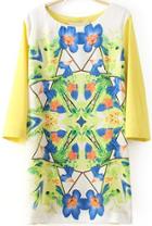 Romwe Floral Print Slim Yellow Dress