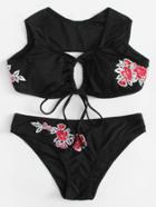 Romwe Embroidered Flower Drawstring Bikini Set