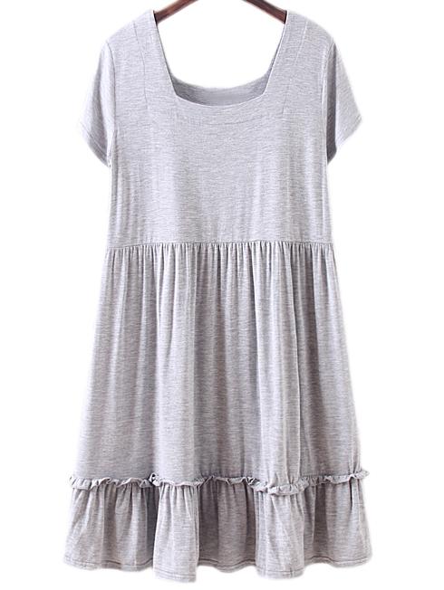 Romwe Light Grey Square Collar Ruffle Hem Pleated Casual Dress