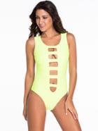 Romwe Ladder-cutout Backless One-piece Swimwear - Fluorescent Yellow