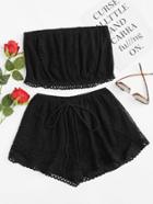 Romwe Lace Tube Top With Drawstring Shorts
