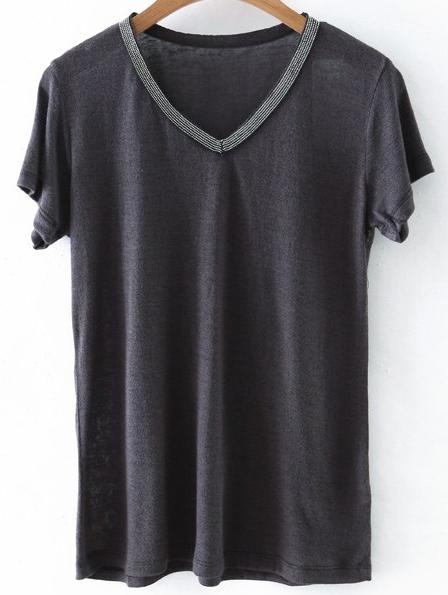 Romwe Grey V Neck Beaded Trim T-shirt