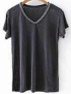 Romwe Grey V Neck Beaded Trim T-shirt