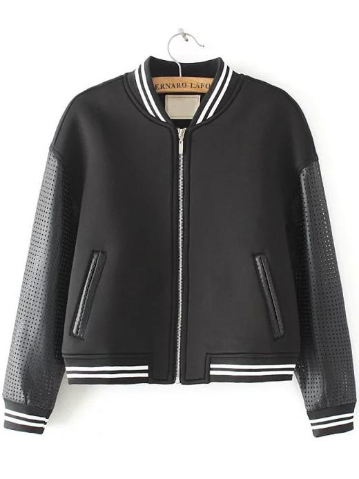 Romwe Black Stand Collar Hollow Crop Jacket