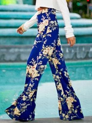Romwe Florals Elastic Waist Straight Blue Pant