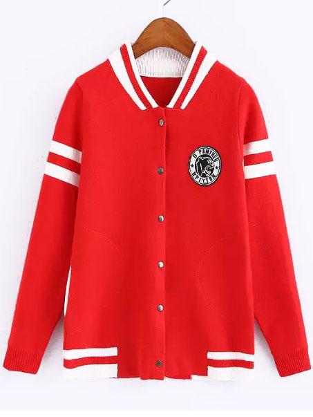 Romwe Contrast Collar Striped Trim Red Coat