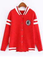 Romwe Contrast Collar Striped Trim Red Coat