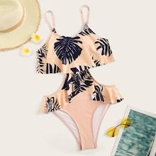 Romwe Leaf Print Flounce Cutout Waist Monokini