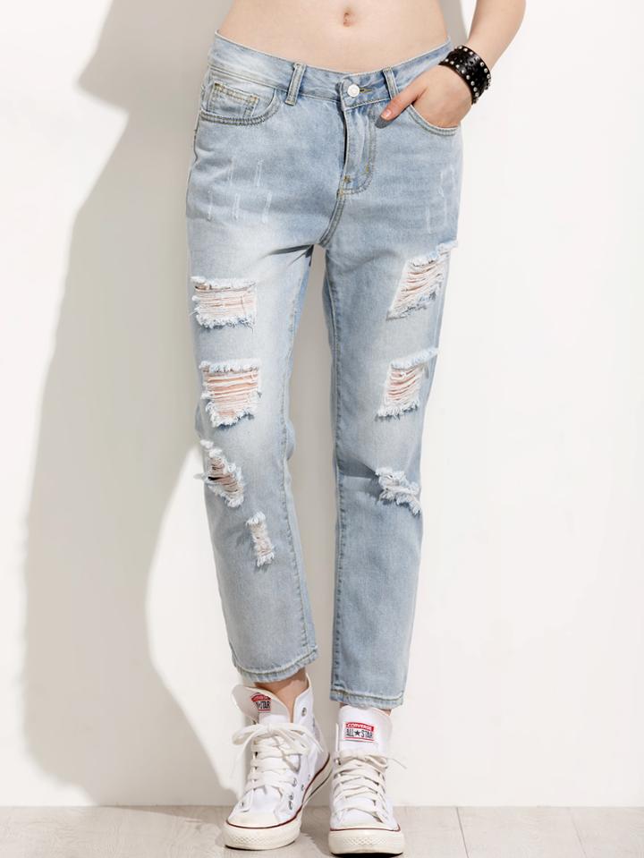 Romwe Pale Blue Ripped Boyfriend Jeans