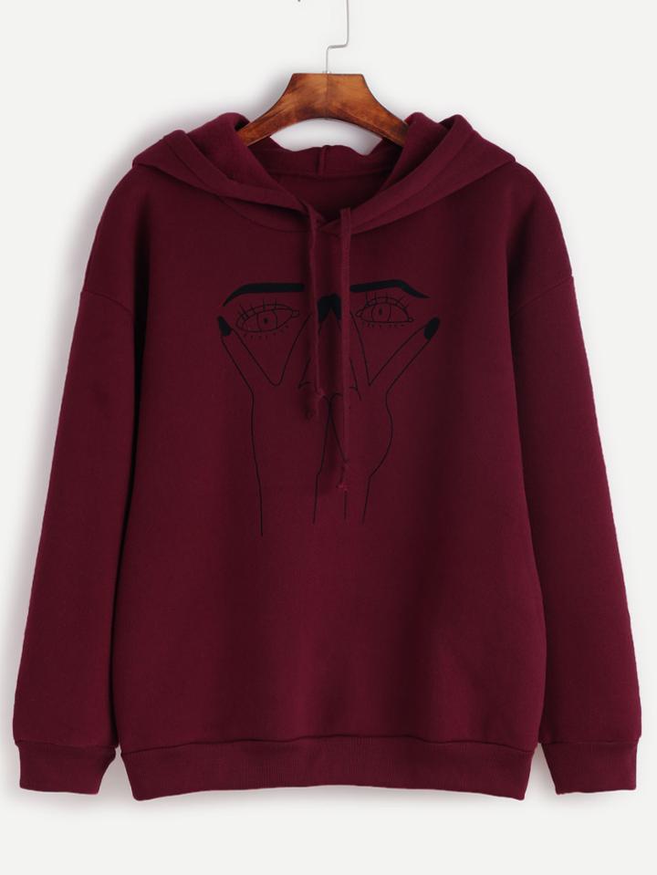 Romwe Burgundy Eye Print Drawstring Hooded Sweatshirt
