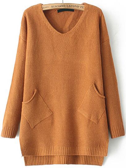 Romwe V Neck Pockets Loose Khaki Sweater
