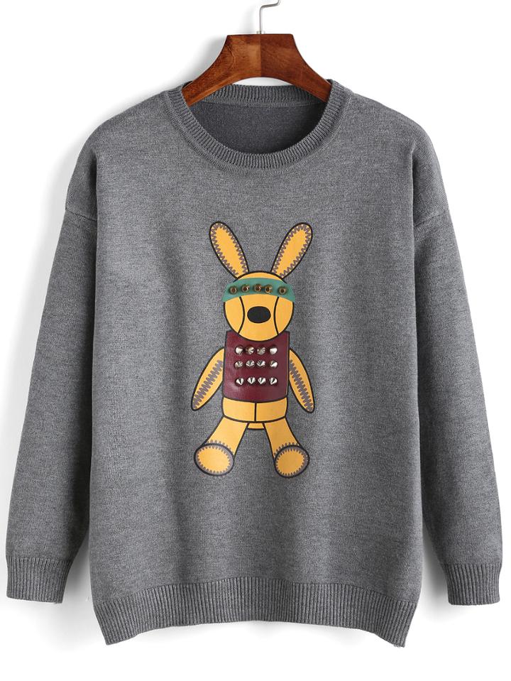Romwe Crew Neck Cartoon Print Rivet Grey Sweater