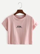 Romwe Pink Letters Print Crop T-shirt