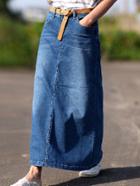 Romwe With Pockets Split Denim Skirt