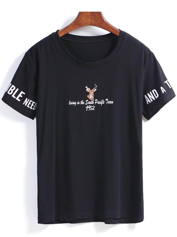Romwe Round Neck Rabbit Letter Print Black T-shirt