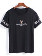 Romwe Round Neck Rabbit Letter Print Black T-shirt