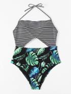 Romwe Striped & Palm Print Swimsuit