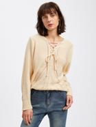 Romwe Lace Up Front Open Knit Sweater