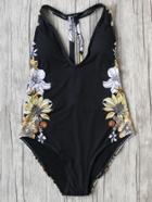 Romwe Black Floral Print Cutout Back One-piece Swimwear