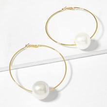 Romwe Faux Pearl Detail Oversize Hoop Earrings