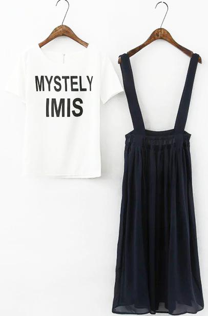 Romwe Letter Print Top With Straps Pleated Chiffon Navy Skirt