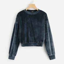 Romwe Drop Shoulder Solid Velvet Pullover