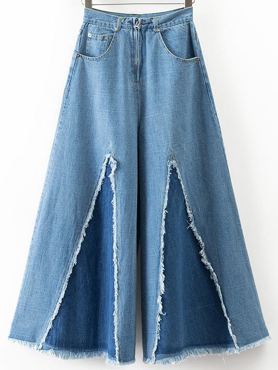 Romwe Blue Ripped Wide Leg Denim Pants