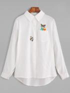 Romwe White Sciuridae Embroidered Pocket Dip Hem Shirt