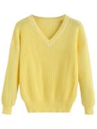 Romwe Yellow V Neck Drop Shoulder Sweater