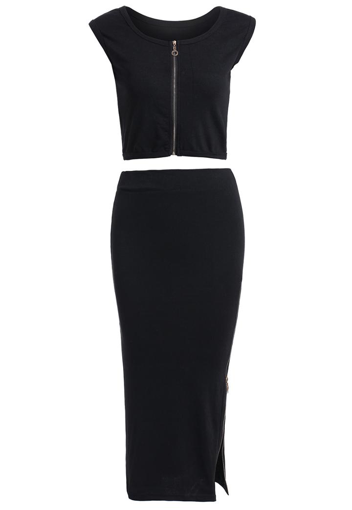 Romwe With Zipper Crop Top With Split Bodycon Skirt