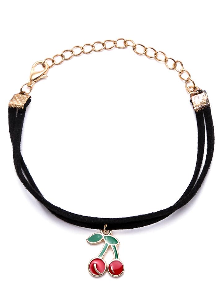 Romwe Black Double Layer Cherry Charm Bracelet