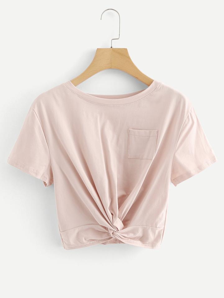 Romwe Chest Pocket Twist Crop Tee