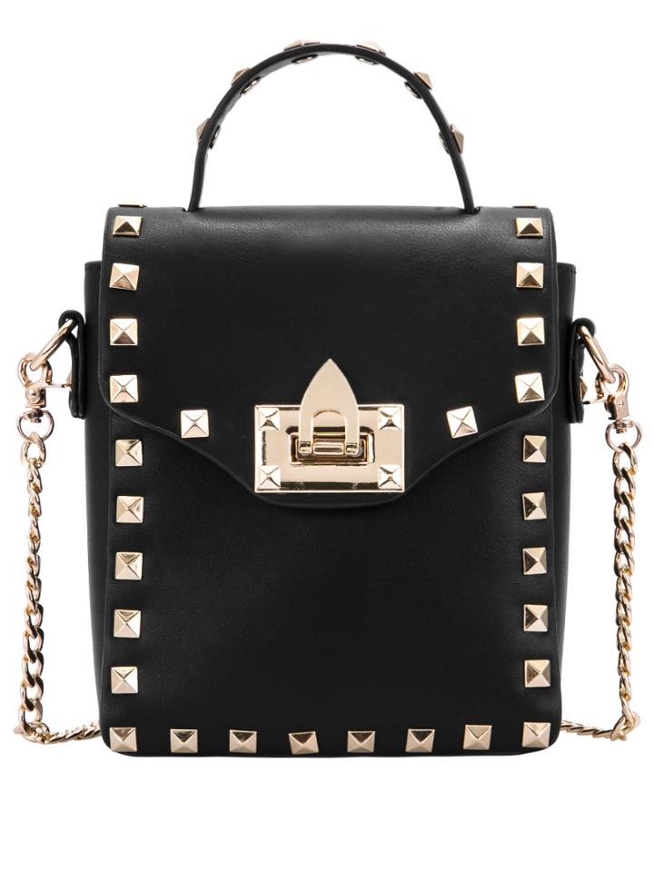 Romwe Black Rivets Pu Chain Bag
