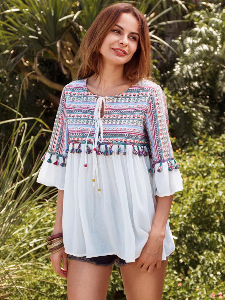 Romwe Embroidered Tassel Trim Tie Bell Sleeve Blouse