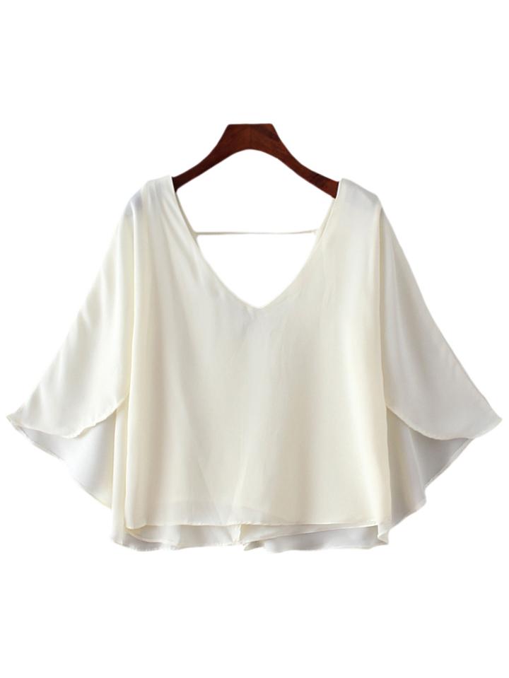 Romwe Beige Deep V Neck Cloak Backless Chiffon Blouse