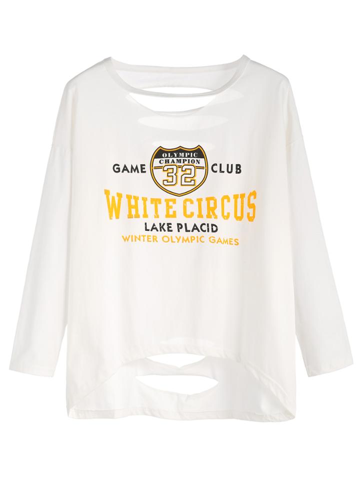 Romwe White Slogan Number Print Dip Hem Ripped T-shirt