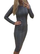 Romwe Long Sleeve Cable Knit Tight Sweater Dress With Zipper