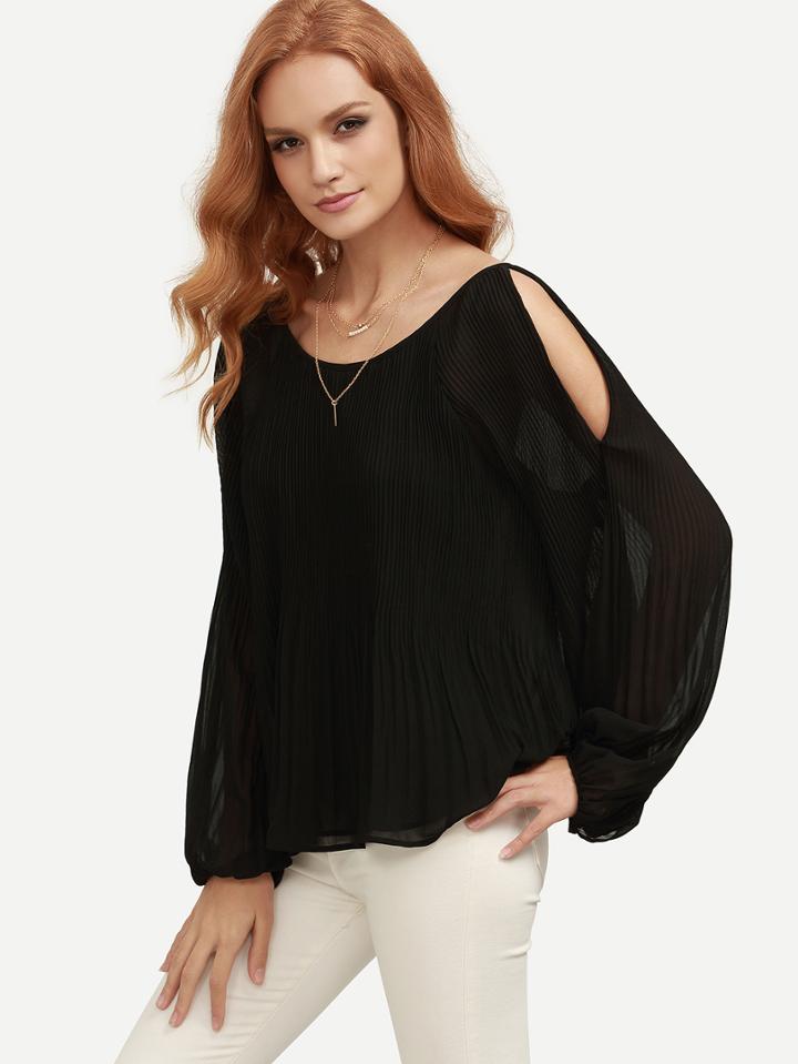 Romwe Lantern Sleeve Open Shoulder Pleated Blouse