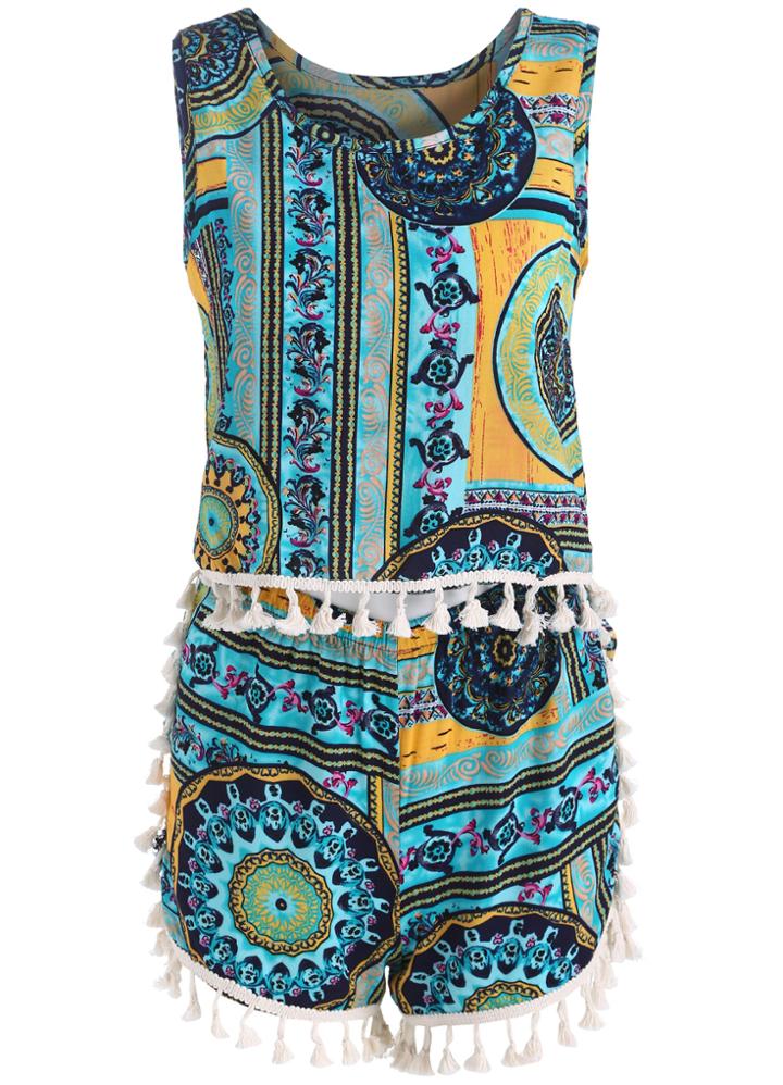 Romwe Tribal Print Tassel Top With Shorts