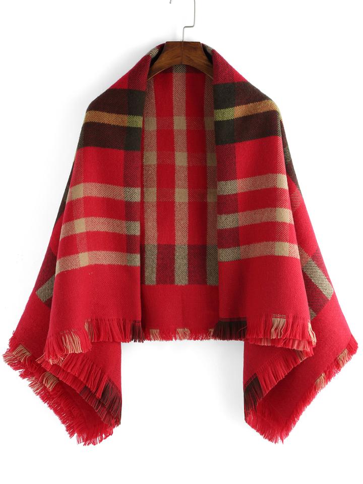 Romwe Checkered Fringe Burgundy Scarf