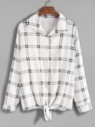 Romwe White Plaid Tie Front Drop Shoulder Seam Blouse