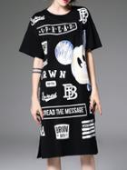 Romwe Black Letters Print Shift Split Dress