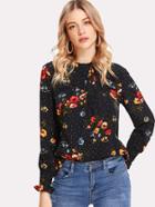 Romwe Flower Print Frilled Top