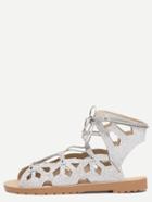 Romwe Silver Peep Toe Cutout Lace-up Sandals
